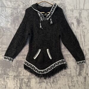 Alpaca Wool Knit Pullover Sweater Hypoallergenic Size S Fray Hem Poncho Gray